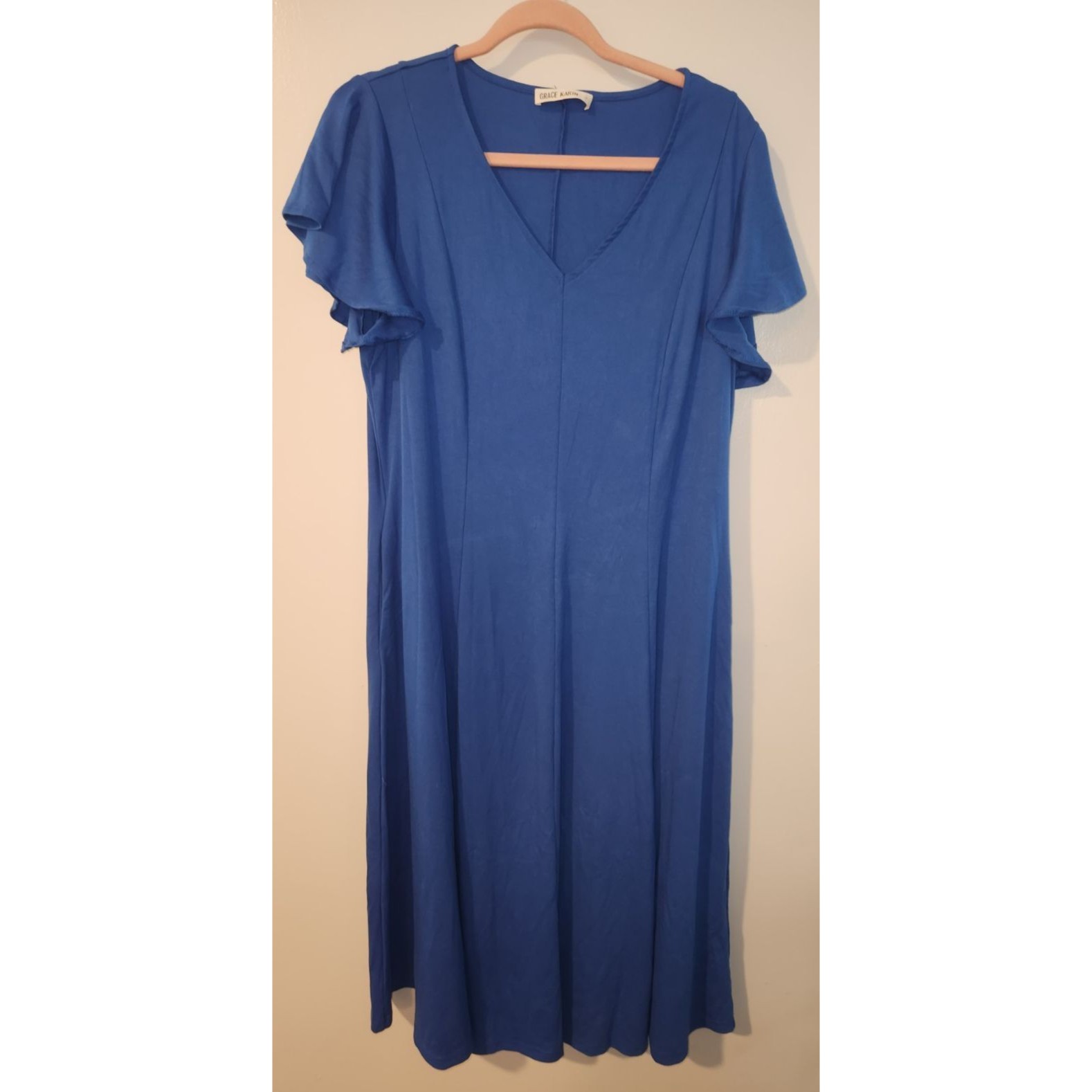 Grace Karin Womens Sz Xl Flutter Sleeve Blue Midi Dress V-Neck Flowy Casual